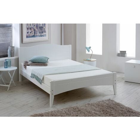 Lauren White Wooden Slatted Bed Frame, White Solid Wood Double Bed Frame