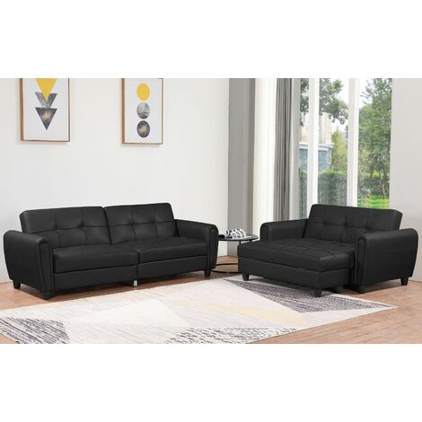 Zinc PU Leather 3STR Sofa Bed with Storage, 2STR Sofa Bed with Storage and Ottoman Bench in Grey or Black. Living Room Furniture Set - Black