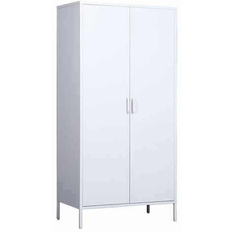 Metal Double Door Wardrobe, with Inside Shelving and Clothes Rail - White