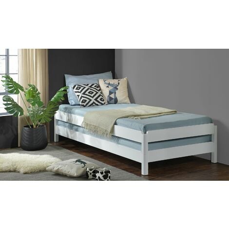 White Wooden Stacking Bed. 3in1 Guest Bed; 2 Layer Space Saving Bed Frame, Converts to 2 Single Day Beds - Frame Only