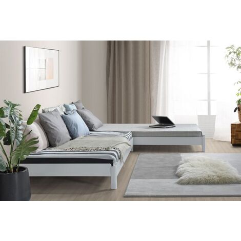 White Wooden Stacking Bed. 3in1 Guest Bed 2 Layer Space Saving Bed Frame, Converts to 2 Single Day Beds - Frame Only