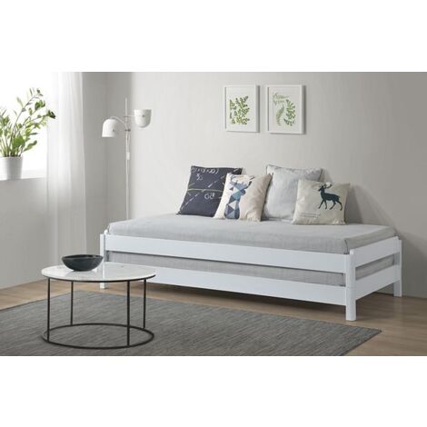 White Wooden Stacking Bed. 3in1 Guest Bed 2 Layer Space Saving Bed Frame, Converts to 2 Single Day Beds - Frame Only