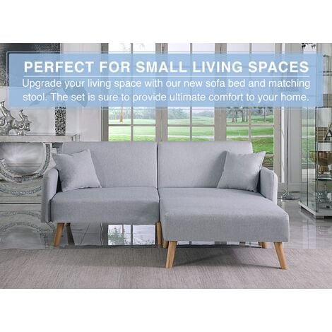 Zara 2 Seater Fabric Sofa Bed in Grey, With Matching Stool - Sofa Bed for Living Room