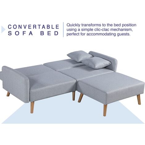 Zara 2 Seater Fabric Sofa Bed in Grey, With Matching Stool - Sofa Bed for Living Room
