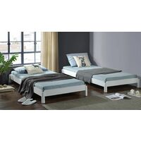 White Wooden Stacking Bed. 3in1 Guest Bed; 2 Layer Space Saving Bed Frame, Converts to 2 Single Day Beds - x2 F10 Mattresses Included