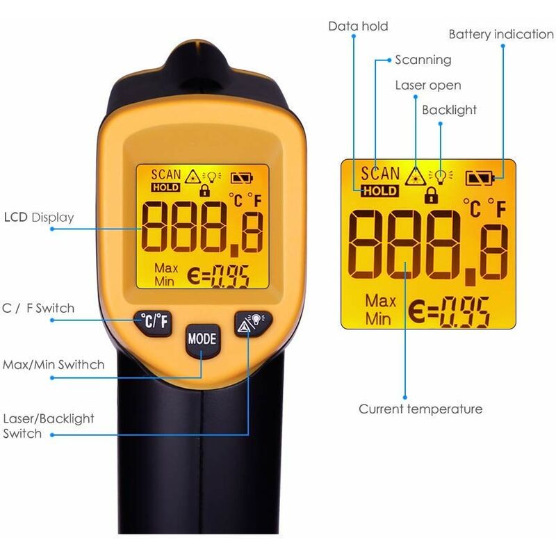 Thermomètre infrarouge sans contact ne convient pas aux humains thermomètre numérique laser infrarouge pour cuisine/barbecue/congélateur/industrie 20 °C à 380 °C -4 °F à 716 °F 