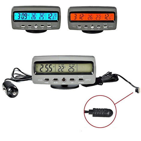 Thermomètre de voiture 2 en 1 Affichage numérique de lheure Avec outil LED pour mesurer léclairage de base Double température Affichage de lheure à lintérieur et à lextérieur 