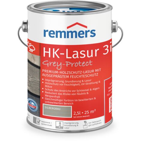 Remmers HK-Lasur 3in1 Grey-Protect silbergrau, 2,5 Liter, Holzlasur für Vergrauung außen, 3 Holzschutz Produkte in einem, Feuchtigkeit- und UV-Schutz
