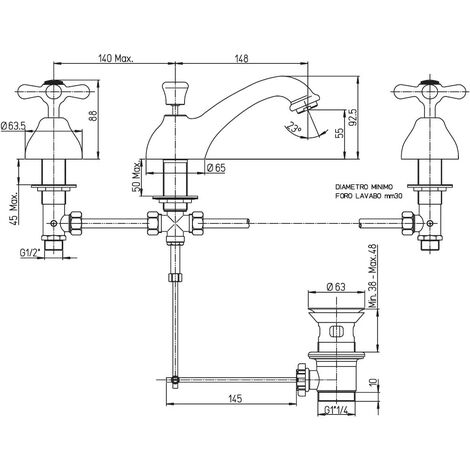 Rubinetto 3 fori bidet + lavabo batteria con manopole a croce classico  miscelatore retrò vittoriano PAINI SET BAGNO completo liberty