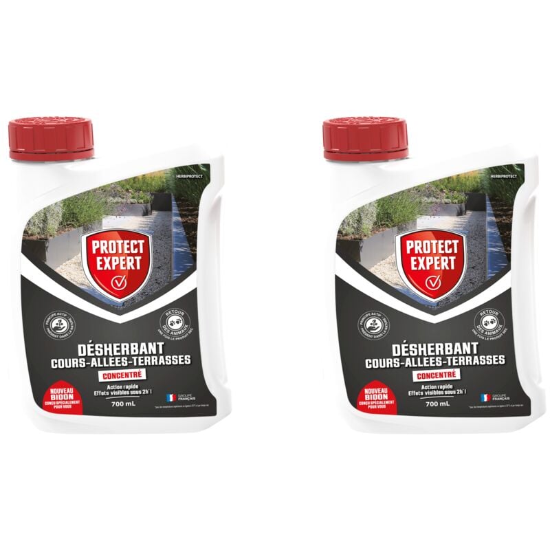 PROTECT EXPERT Désherbant Concentré - Cours Allées Terrasses - Effets Visibles Sous 3h - 2x700ml - Jusqu’à 116m² Traités - Bidon Doseur PROCOUR700X2