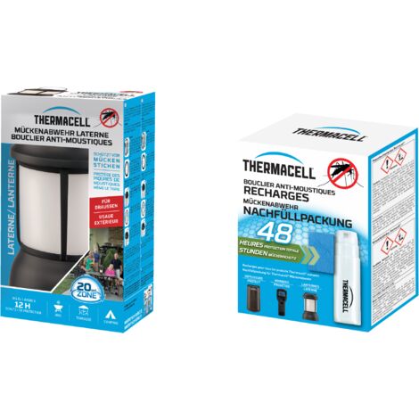 THERMACELL Lampe Anti-Moustiques et Moustiques Tigres + Recharge - Extérieur, Jardin, Terrasse - Sans Fil - Protection efficace 20 m²-Inodore-Durée 60h-5 Cartouches Gaz + 15 plaquettes - Lanterne - No