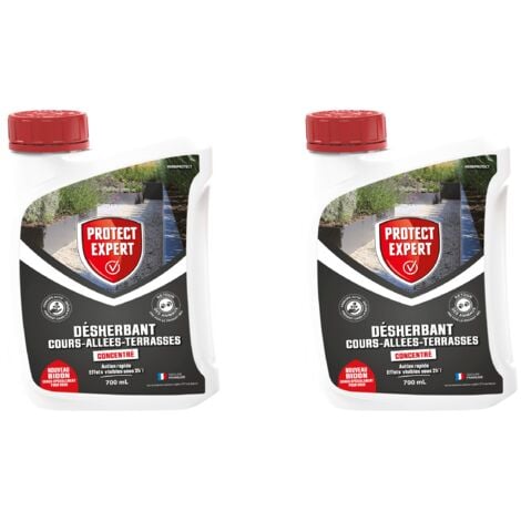 PROTECT EXPERT Désherbant Concentré - Cours Allées Terrasses - Effets Visibles Sous 3h - 2x700ml - Jusqu’à 116m² Traités - Bidon Doseur PROCOUR700X2