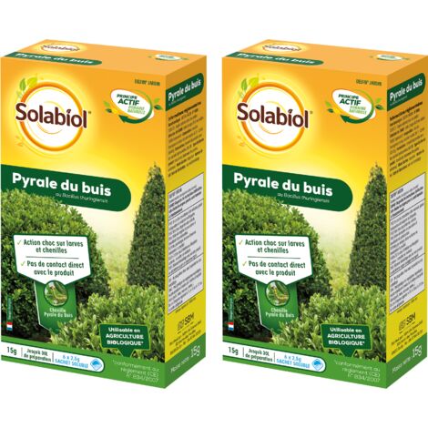 Insecticide biologique Pyrale du Buis – Action choc sur larves et chenilles – Bacillus thuringiensis 32M UI/g – SOPYRAL15X2 – Solabiol
