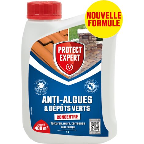 Anti algues et dépôts verts concentré 1 L – Élimine les taches sur toitures, terrasses et murs – Efficacité jusqu'à 400 m² – Protect Expert