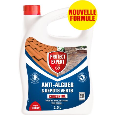 Anti algues et lichens concentré 2,5L – Élimine dépôts verts sur toiture, terrasse, dalles, piscine – Traite jusqu'à 2000m² – Protect Expert