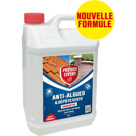 Antimousse concentré 5L – Élimine algues et lichens – 2000m² – Pour toiture, terrasse, dalles et piscine – Efficacité longue durée – Protect Expert