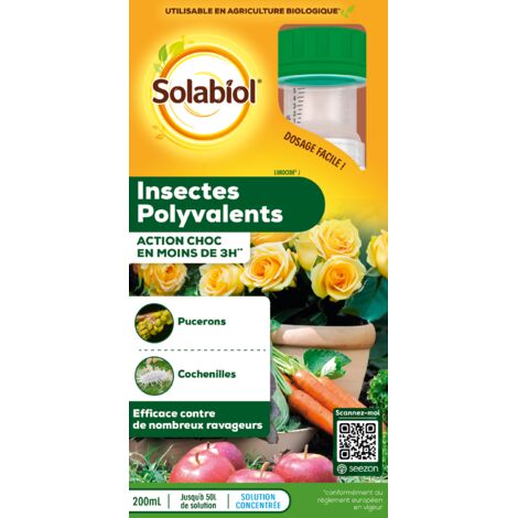 SOLABIOL Anti Insectes Polyvalents - Action Rapide - Effets Visibles En 3h - 200ml - Pucerons Cochenilles Aleurodes - Utilisable En Agriculture Biologique SOLIPOLY200N