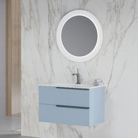 Mobile bagno con lavabo in ceramica e specchio led cm 80 colore Blu pastello opaco-modello Symmetry 1