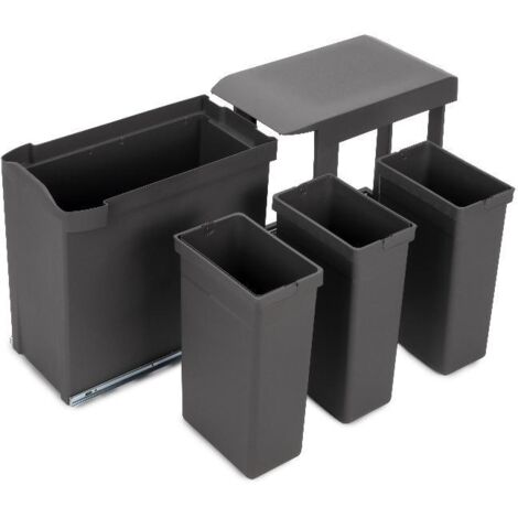 emuca contenedores de reciclaje para cocina, 3 x 10l, fijación inferior y extracción automática, acero y plástico, gris antracita