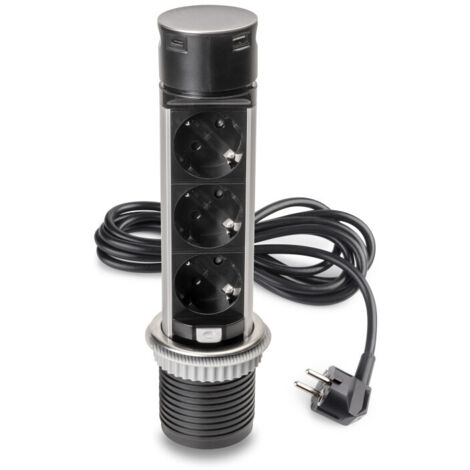Emuca Multiconector extraíble Vertikal Push 60, diámetro 60mm, 3 enchufes tipo Schuko, 1 USB tipo A, 1 USB tipo C, Acero y Plástico, Acero inoxidable