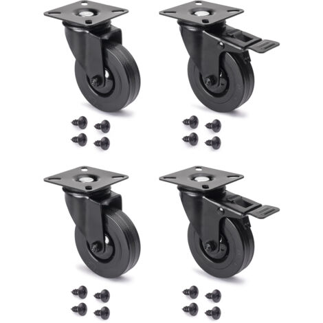 Emuca Lote de 4 ruedas Black con placa de montaje, diámetro 75mm, Plástico y Acero, Negro