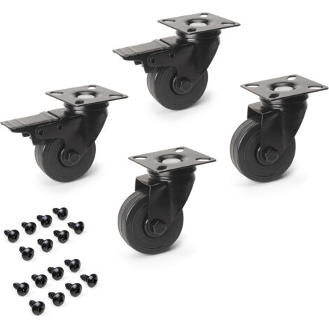 Emuca Lote de 4 ruedas Black con placa de montaje, diámetro 50mm, Plástico y Acero, Negro