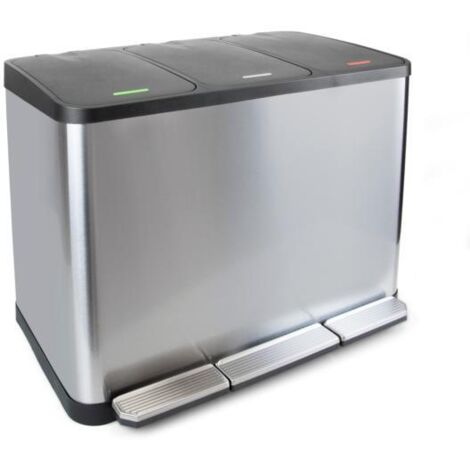 Emuca Contenedor de reciclaje exterior con compartimentos Recycle Inox, apertura de tapas con pedales, 3x15litros, Acero inoxidable