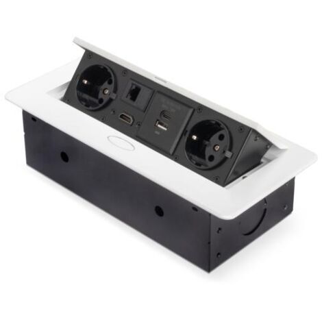 Emuca Multiconector Atom 26, 225x111mm, 2 enchufes tipo Schuko, 1 USB tipo A, 1USB tipo C, 1 RJ45, 1 HDMI, Zamak-Acero-Plástico, Blanco -