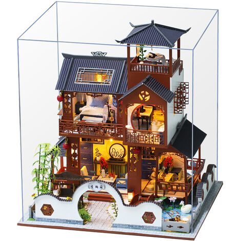 DIY Handwerk Miniatur Puppenhaus Möbel Spielzeug Set mit Staubschutz & LED 