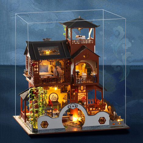 Weihnachten DIY Mini Haus Puppenhaus LED Kinder Geschenk Dekoration Staubschutz 