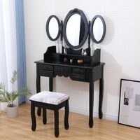MURIEL - Coiffeuse Table maquillage avec tabouret - Noir - 3 miroirs rabattables - 7 tiroirs - 145 x 90 x 40 cm