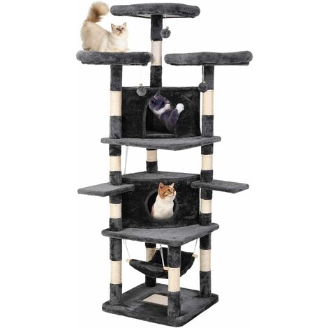 Femor Cat Tree, mit 2 Nischen und Cat Scraper, 188 cm, 3 Plattformen, Flanell in Dunkelgrau, Geeignet für mehrere Katzenspiele, Anti-Klopfen