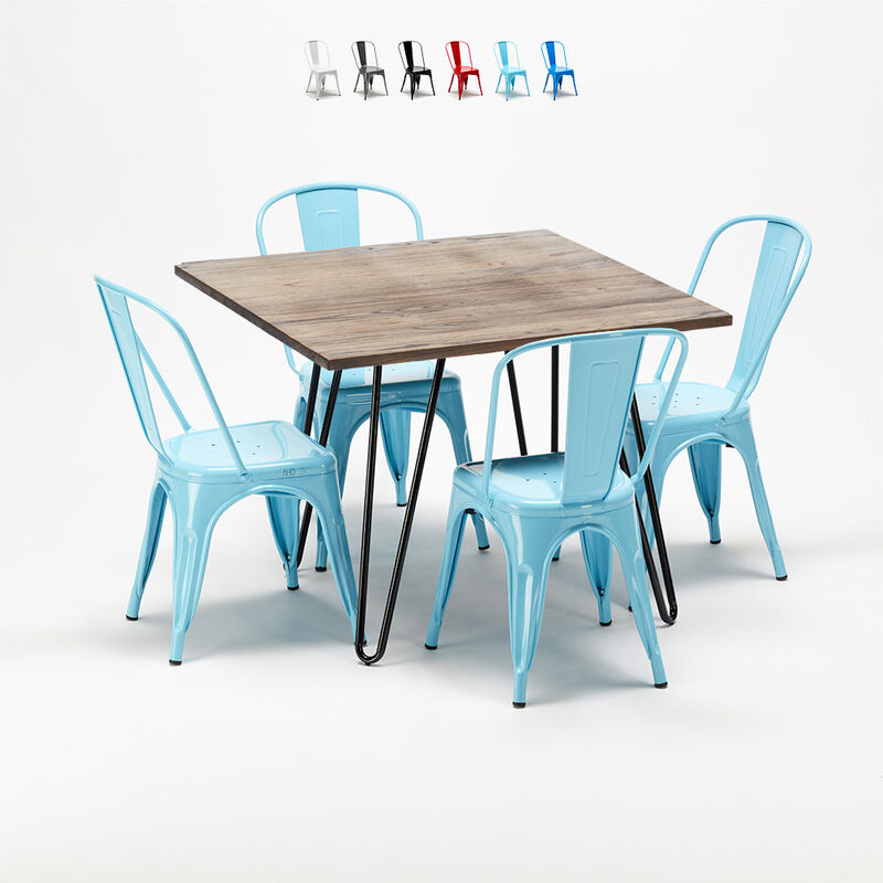 Set tavolo quadrato in legno e sedie in metallo design Tolix industriale  Bay Ridge Colore: Azzurro