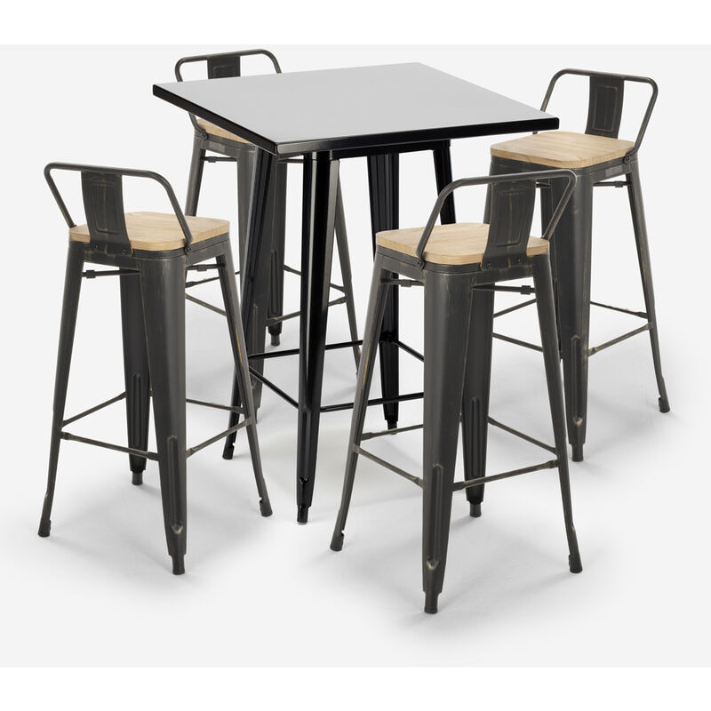 Set tavolino bar alto 60x60cm 4 sgabelli tolix legno industriale Bent