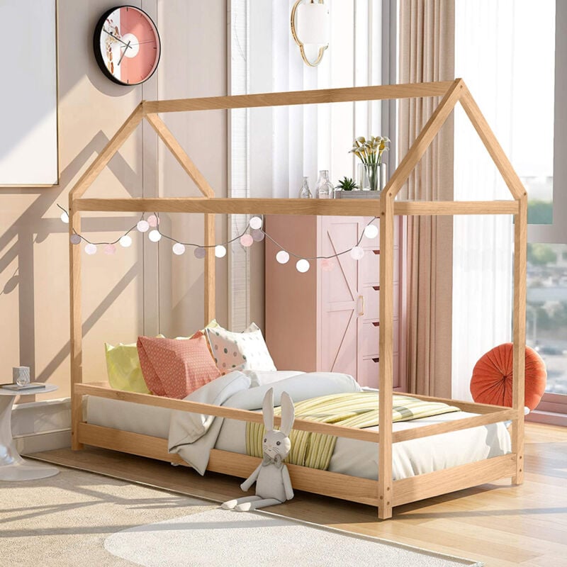 Lettino montessori letto per bambini casetta in legno 80x160cm Husty  Colore: Legno Naturale