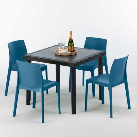 Tavolino Quadrato Nero 90x90 cm con 4 Sedie Colorate Rome Passion Colore:  Blu