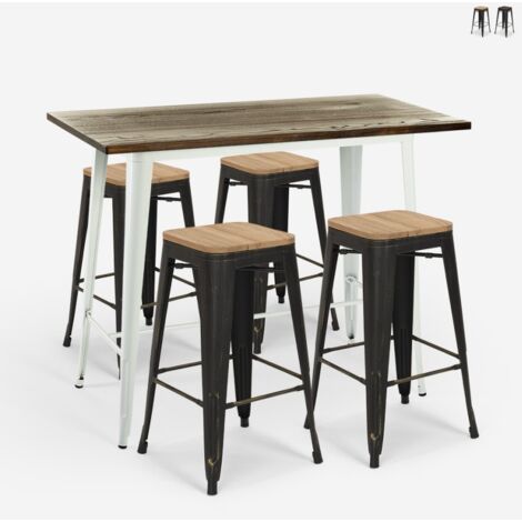 set tavolo alto bianco bar 120x60 4 sgabelli industriale navarro - Legno Naturale
