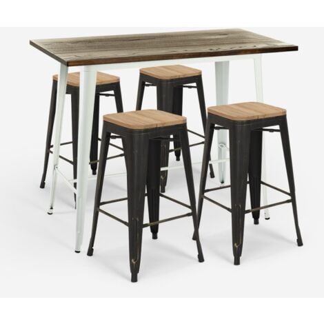 set tavolo alto bianco bar 120x60 4 sgabelli industriale navarro - Legno Naturale