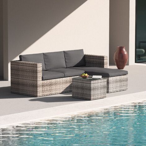 Set Giardino 5 Pezzi LIFEZEAL - 2 Divani, 2 Poggiapiedi, Tavolino Vetro - Rattan PE Bianco - Con Cuscini
