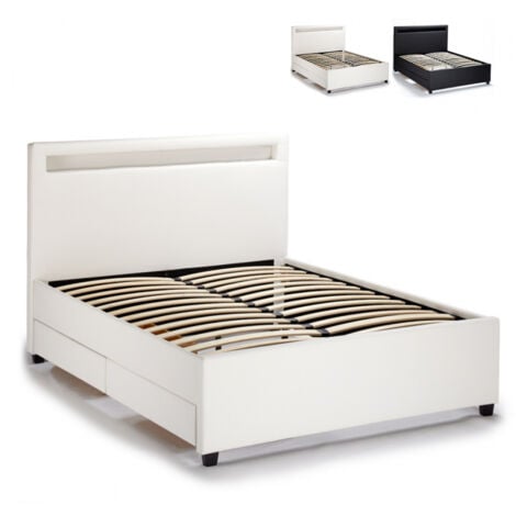 Letto francese 1 piazza e mezza con rete testiera moderno led cassetti 120x190 Geneva - Bianco