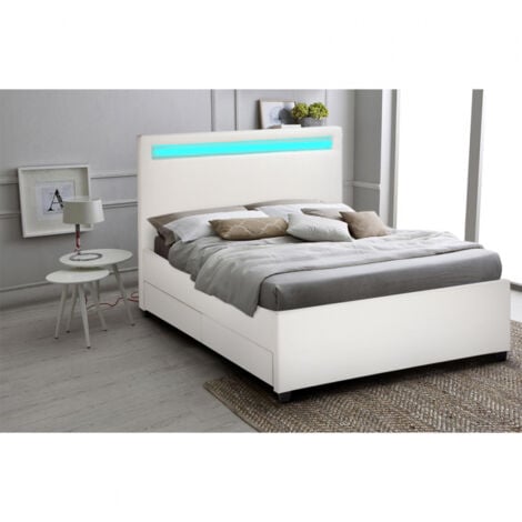 Letto francese 1 piazza e mezza con rete testiera moderno led cassetti 120x190 Geneva - Bianco
