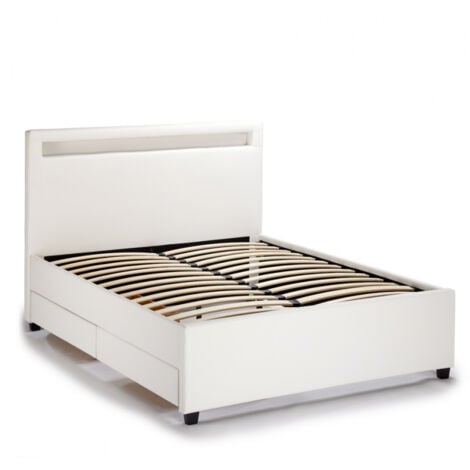 Letto francese 1 piazza e mezza con rete testiera moderno led cassetti 120x190 Geneva - Bianco