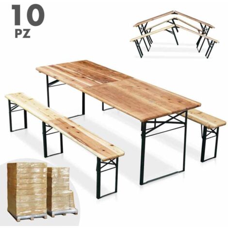 Set Birreria Tavolo + 2 Panche Richiudibile - Legno Naturale Per 10 Persone 80x220cm
