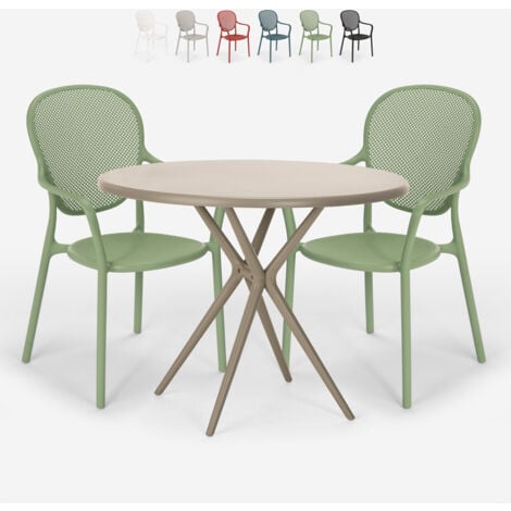 Set tavolo rotondo beige 80cm 2 sedie design moderno esterno Valet Colore:  Verde