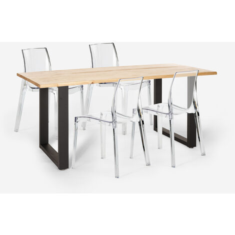 Set tavolo da pranzo 160x80cm industriale 4 sedie trasparenti design Hilton  Colore: Nero