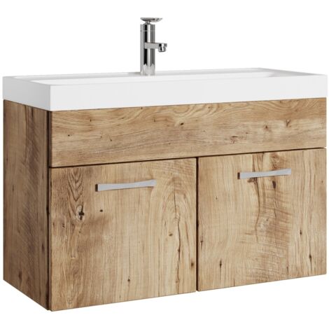 Badezimmer Badmöbel-Set Paso 01 80cm Waschbecken Eiche Kastanie