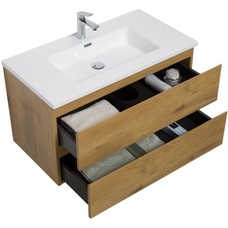 Badezimmer Badmöbel-Set Angela 90cm - Eiche - Unterschrank Schra