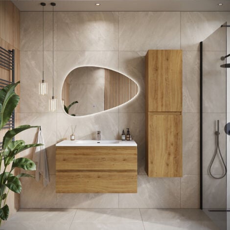 Badezimmer Badmöbel-Set Angela 90cm - Eiche - Unterschrank Schra