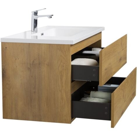 Badezimmer Badmöbel-Set Angela 90cm - Eiche - Unterschrank Schra