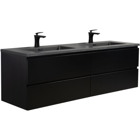 Badezimmer Badmöbel-Set Angela 160 cm - Schwarzes Waschbecken -